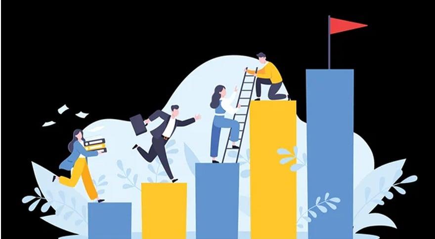 An illustration of people climbing up bars