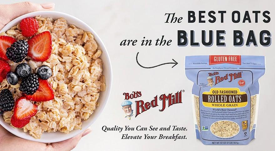 Bowl of oats next to a blue bag of Bob's Red Mill oats
