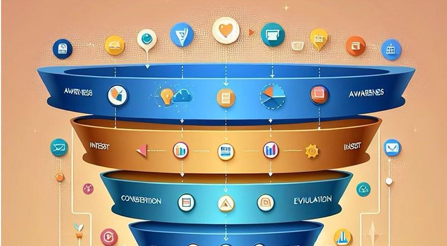 A funnel the awareness at the top, invest in the next row, and conversion and valuation in the last row.
