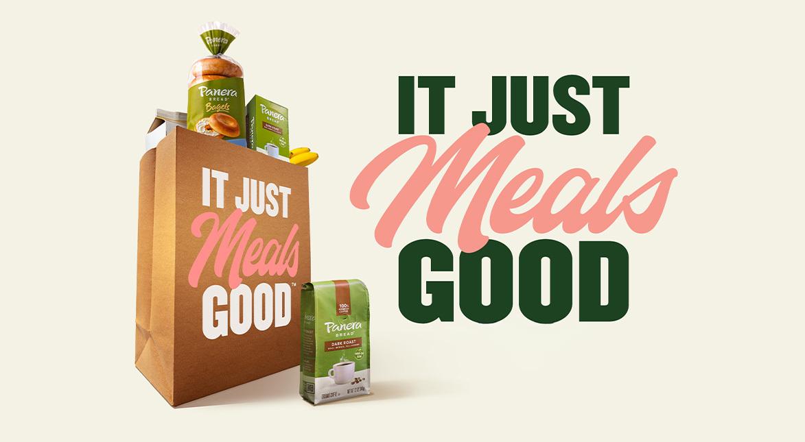 A brown grocery bag labeled IT JUST Meals GOOD holds Panera Bread products. More Panera Bread items are beside the bag. The words IT JUST Meals GOOD are displayed in bold letters on the right.