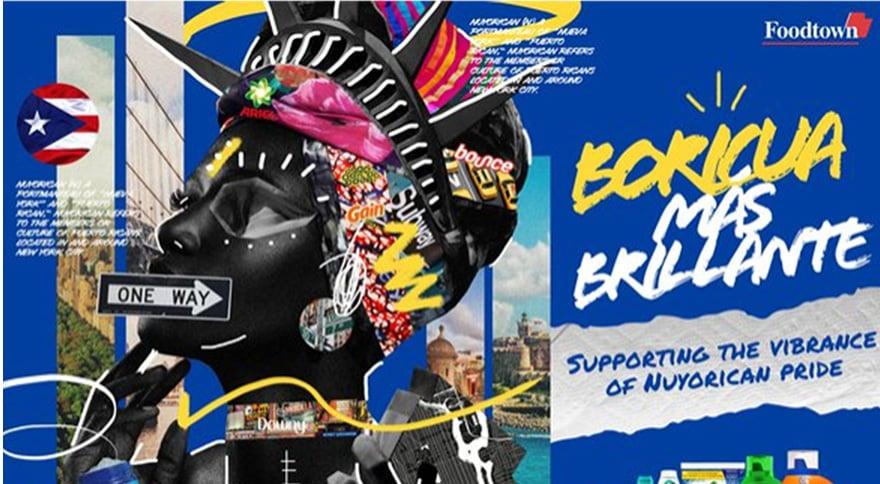 Collage of Puerto Rican woman wearing Statue of Liberty crown, decorated with P&G logos, with a Puerto Rican flag, a one way street sign. Boricua Mas Brillante.