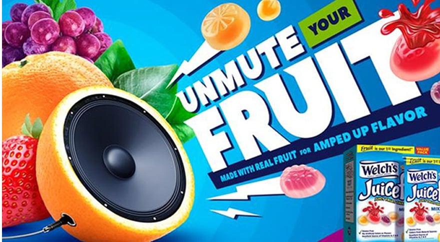 Illustration of an orange amp with Welch's Juicefuls fruit snack attached to lighting bolt coming out. Unmute Your Fruit. Made with Real Fruit for Amped Up Flavor.
